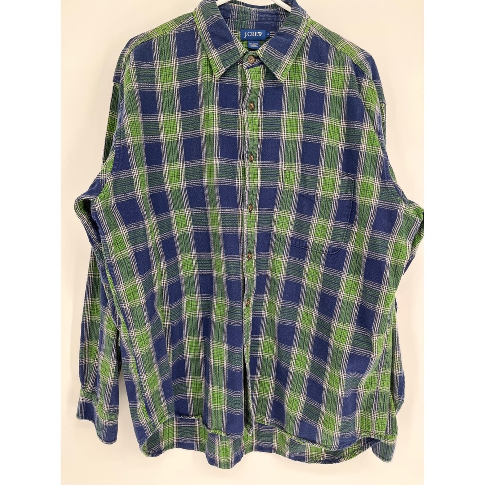J.CREW Button Down Flannel Shirt Mens L Blue Green Plaid Long Sleeve Cabinwear